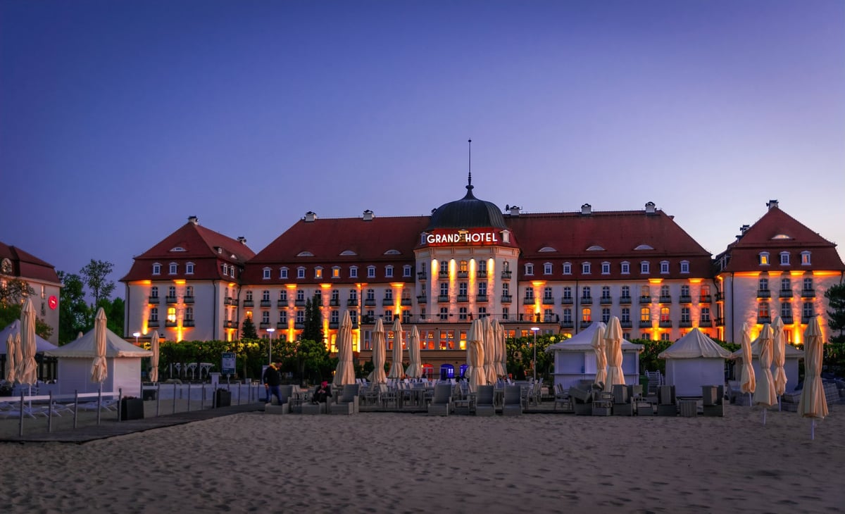 Beautiful historic luxury hotel building at night