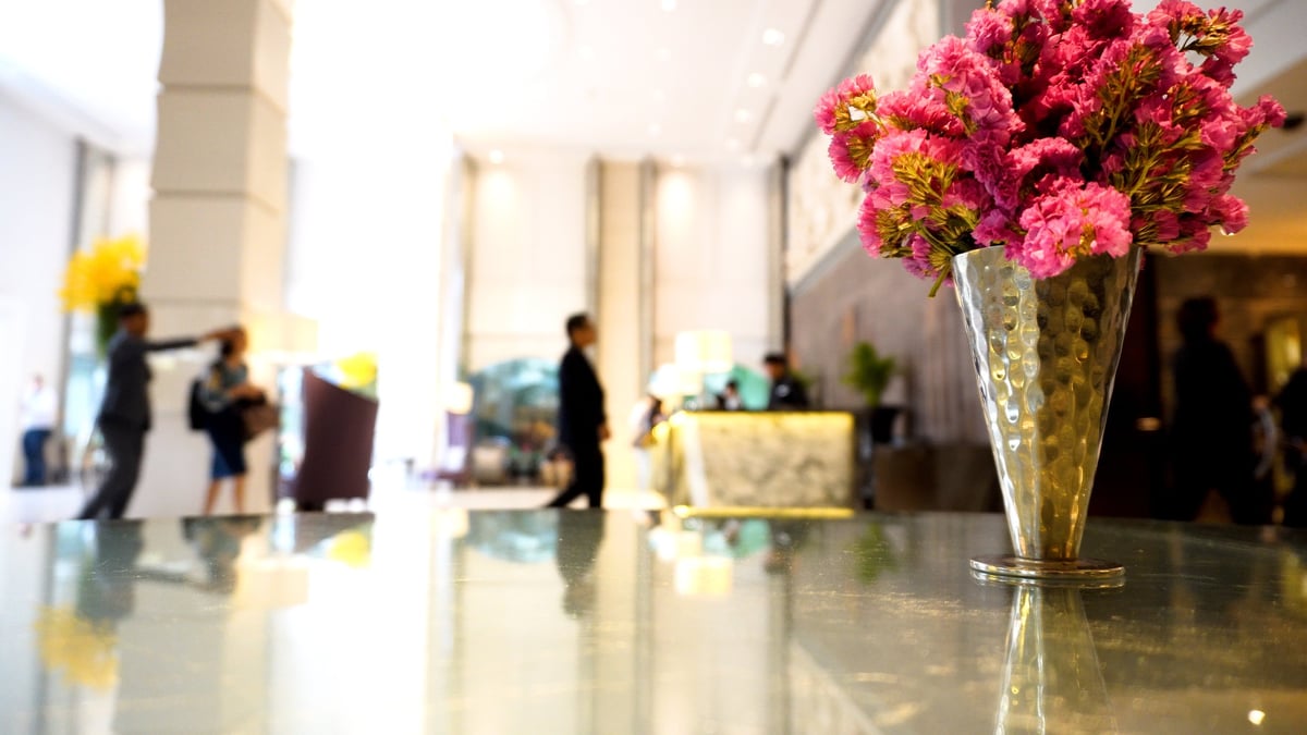 Hotel Lobby with Employees and Guests, five star hotel reception and concierge desk