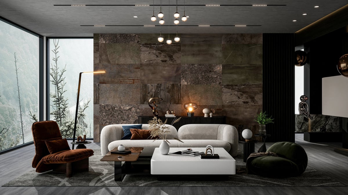 Modern Luxury Living Room Interior with Panoramic Window and Elegant Furniture