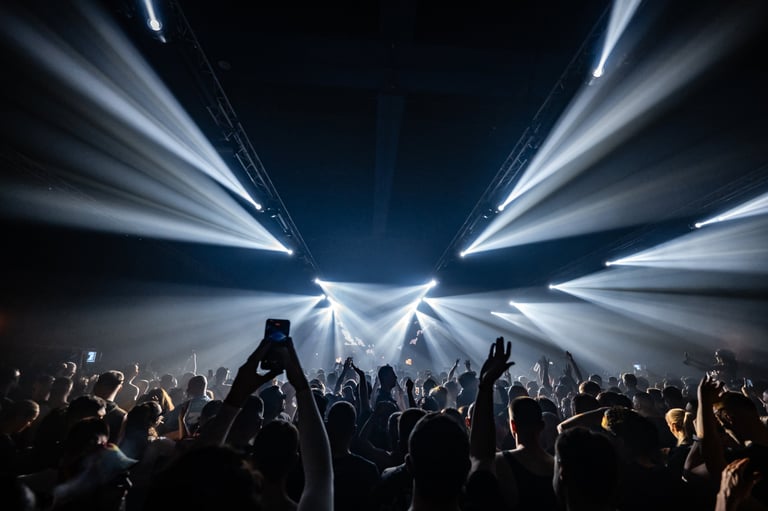 Fans cheering during a vibrant live music concert illuminated by powerful stage lights