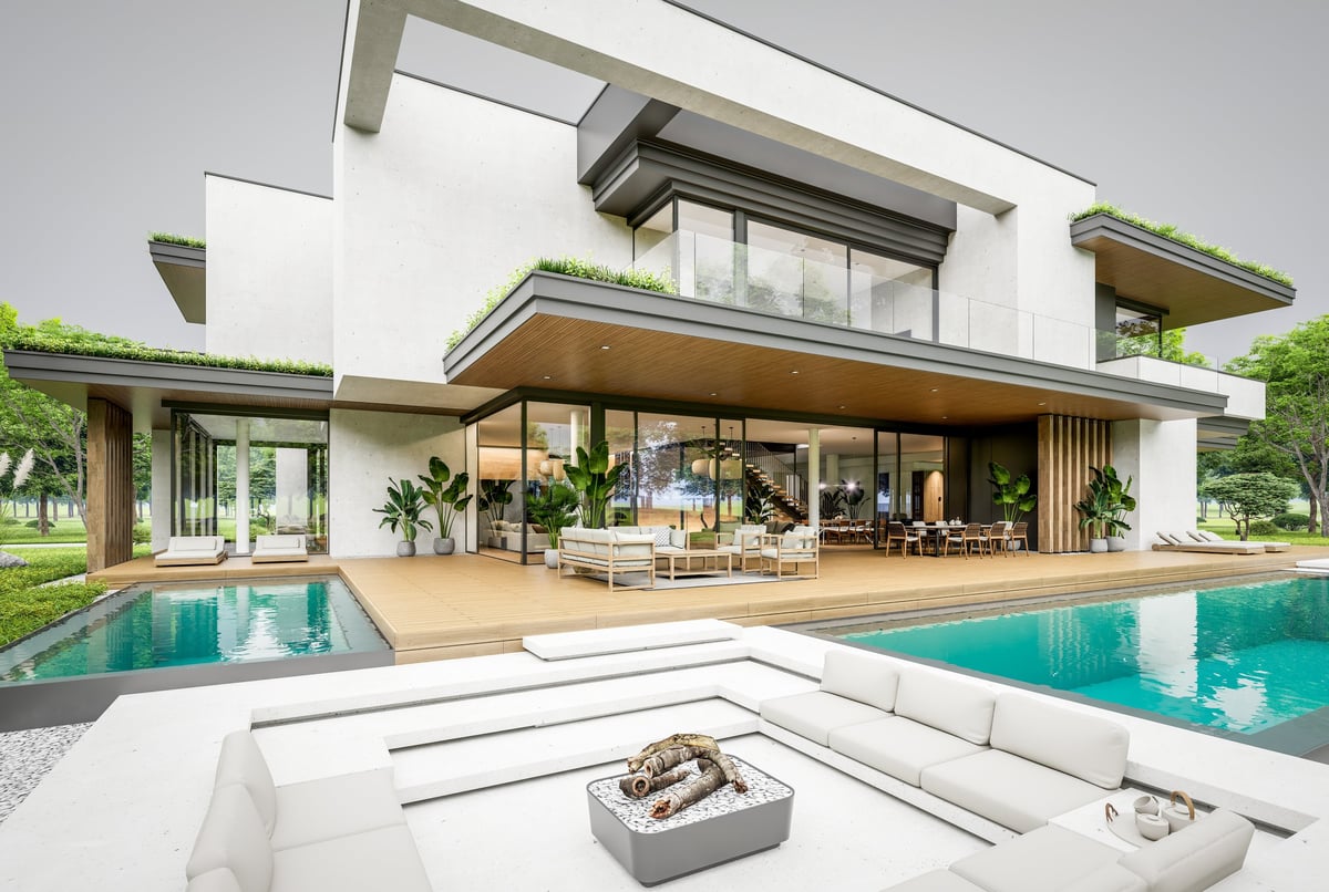 3d rendering of two-story house with parking and pool