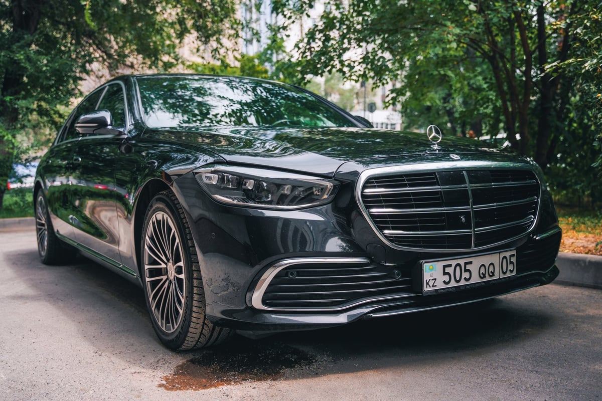 Almaty, Kazakhstan - Black Mercedes Benz S Class in a parking lot. German car manufacturer
