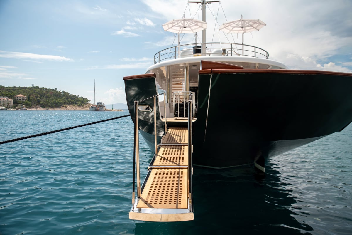 Luxury yacht gangway with harbor views