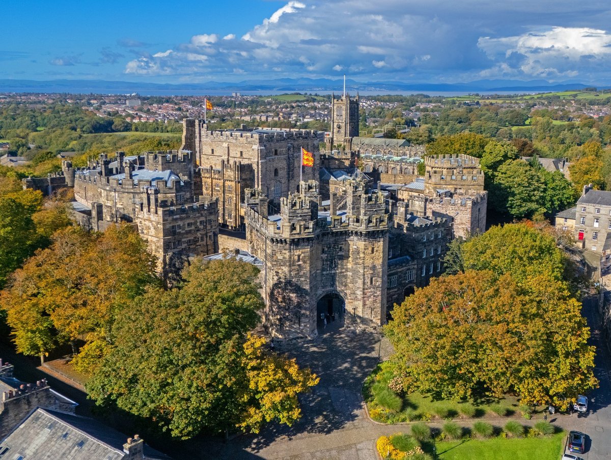 Aerial view of historic British castle at autumn
