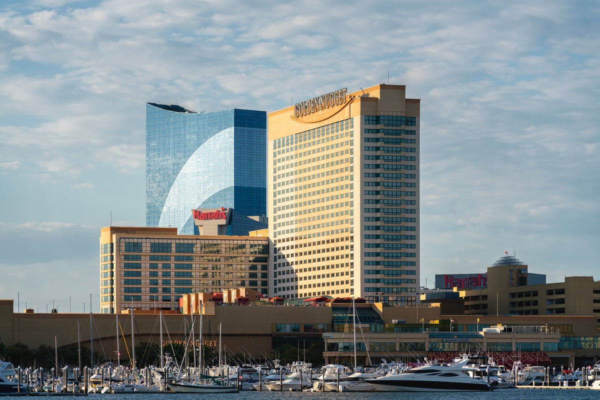 Skyline view of Atlantic City casinos at sunset