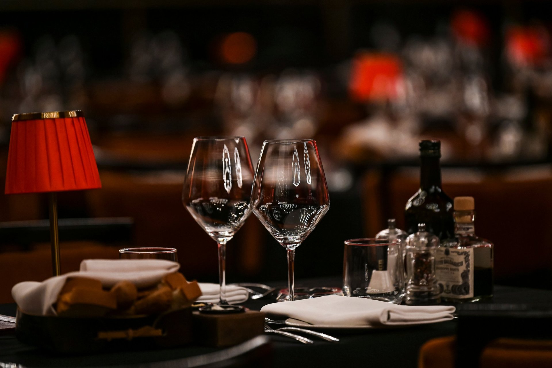 Luxury elegant red table setting for dinner in a restaurant
