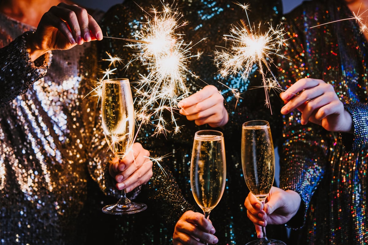 Friends celebrating New Year's Eve with champagne and sparklers in Paris
