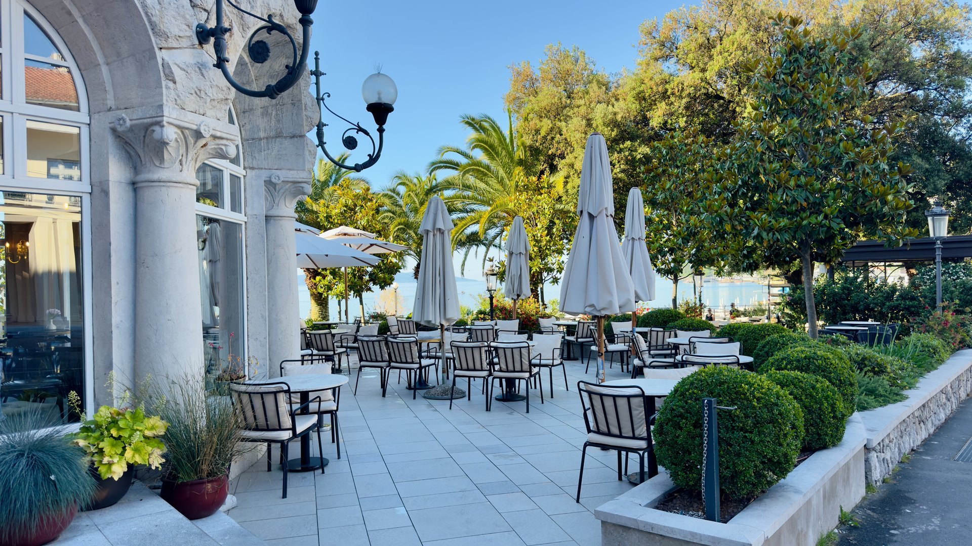 Le Sirenuse luxury restaurant terrace overlooking the Mediterranean Sea in Positano, Italy
