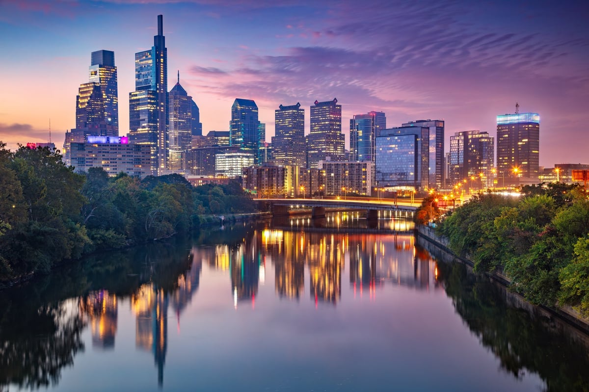 Philadelphia Pennsylvania USA at twilight city skyline illuminated