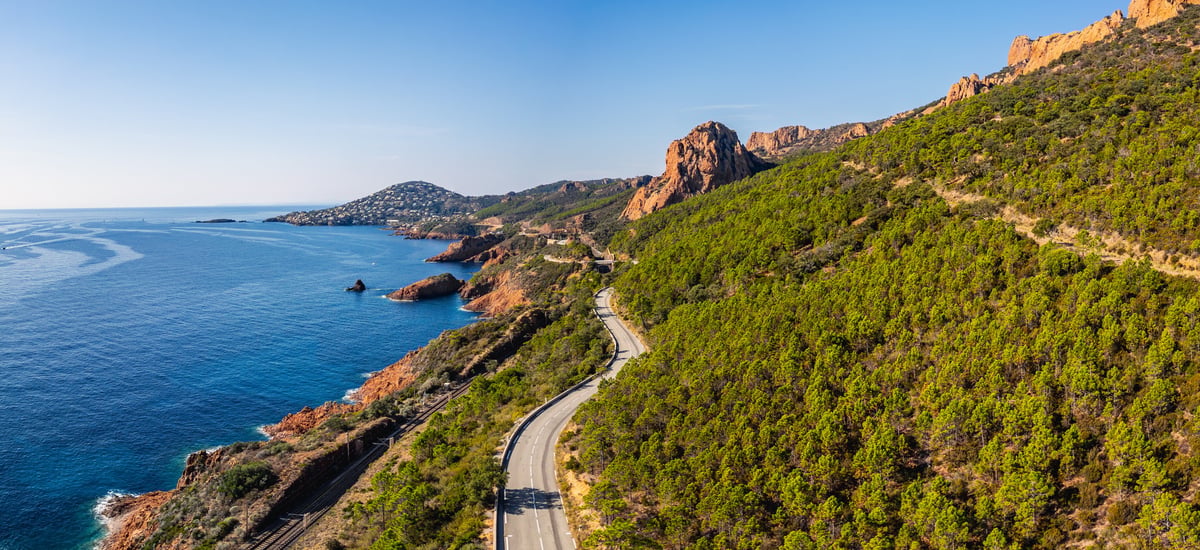 Aerial view of coastal road French Riviera Mediterranean