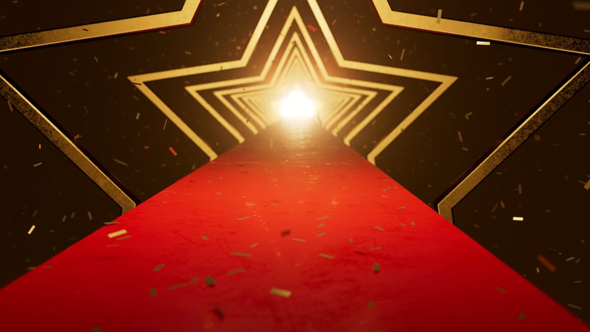 Red carpet path through golden stars symbolizing awards journey and fame