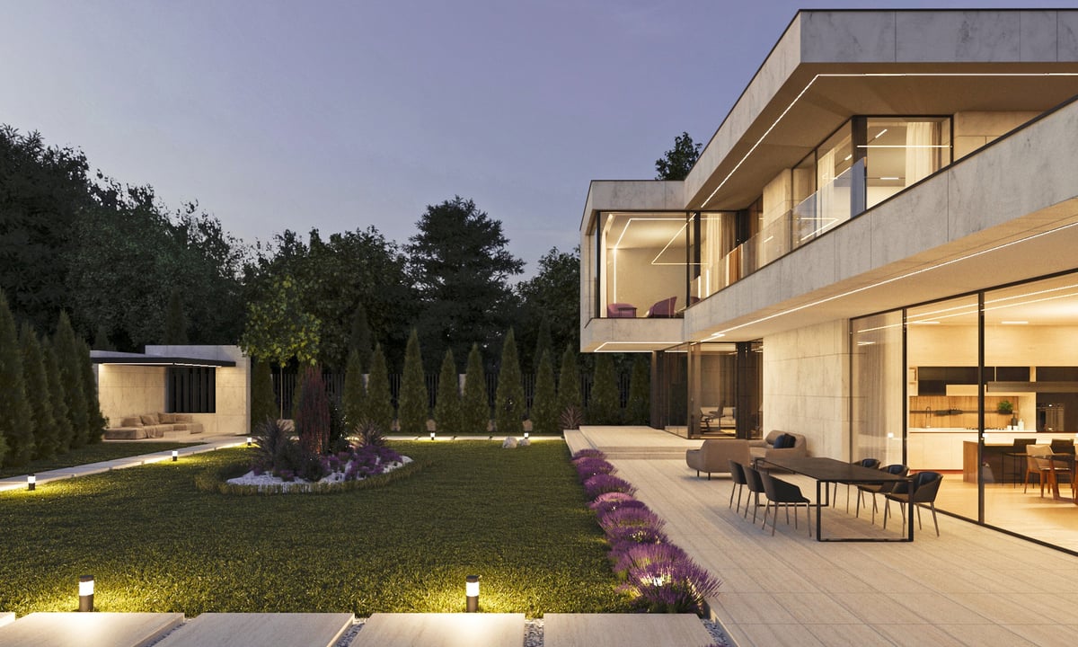 3D visualization of a modern private house with a terrace, panoramic glazing, and a flat roof