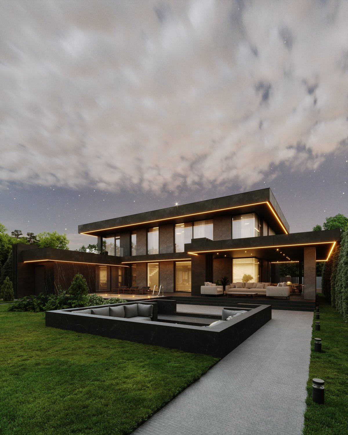 Modern private house with panoramic glazing terrace and flat roof