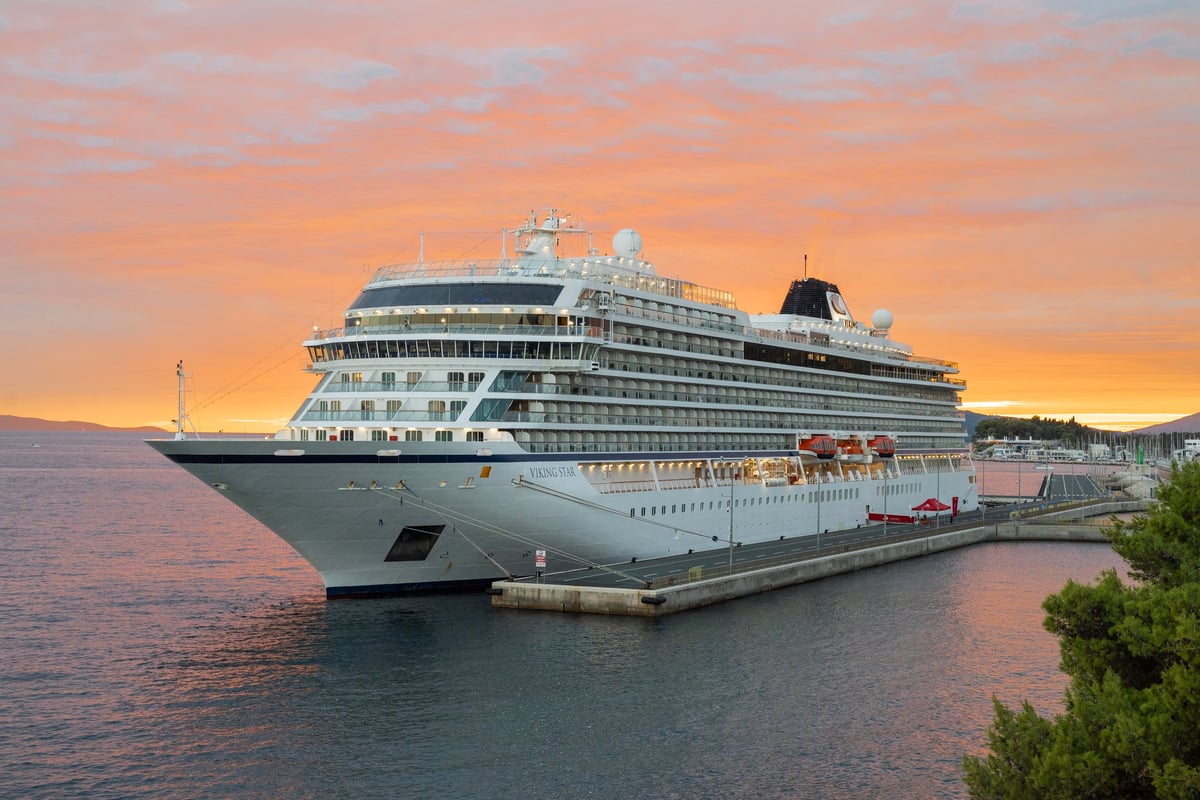 Split Croatia, cruise ship Viking Star with its decks in the port at sunset