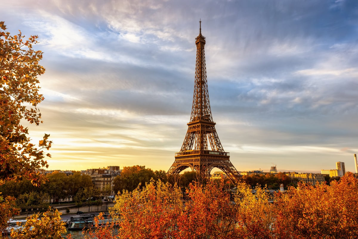Beautiful autumn sunrise view of the Eiffel Tower in Paris, France