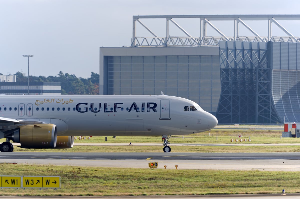 Gulf Air airplane Airbus A321-253NX registration A9C-NG taking off from Frankfurt airport on an autumn day. Photo taken November 3rd, 2025, Frankfurt am Main, Germany.