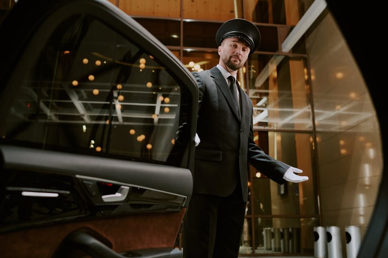 Professional chauffeur opening luxury car door
