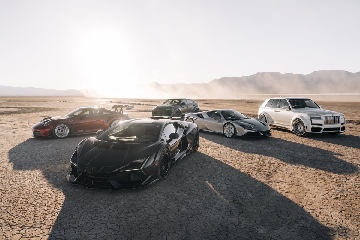 A group of expensive supercars parked in the desert