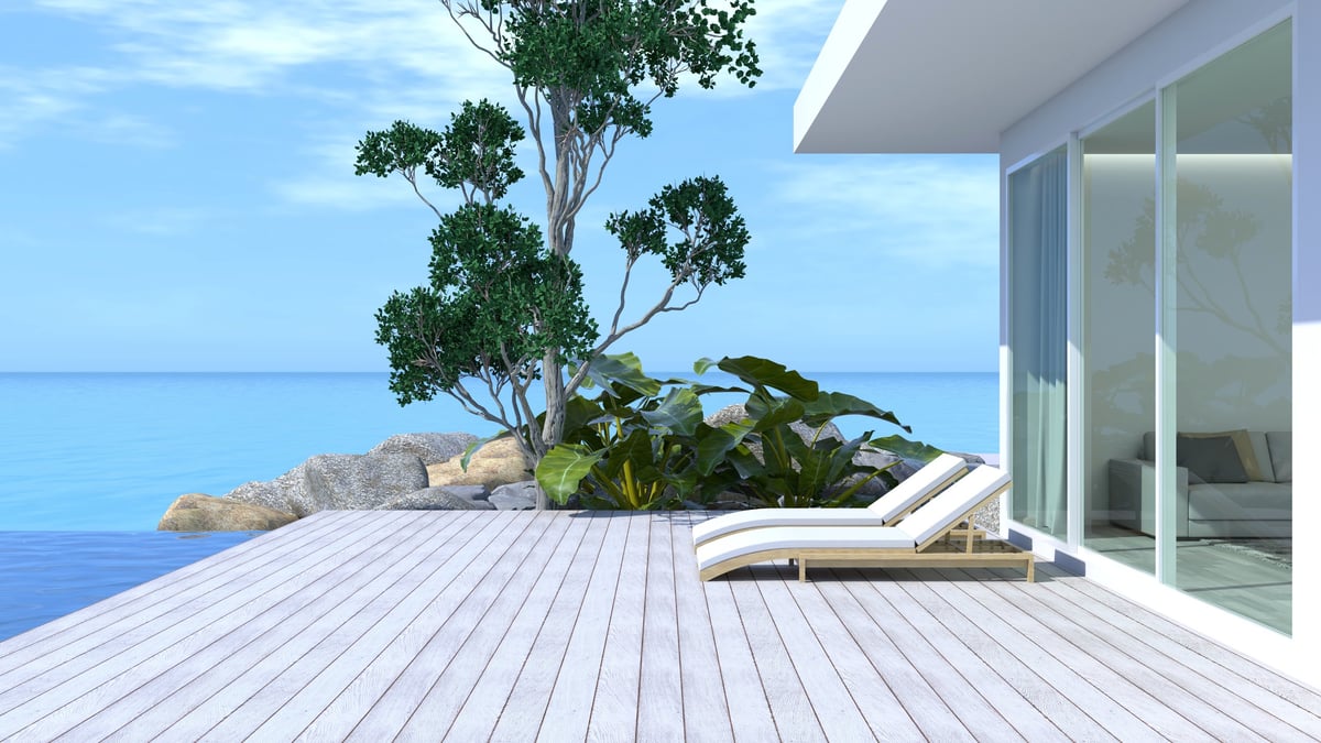 Sunbathing on the seaside terrace with swimming pool, sunny blue sea view with white clouds. 3d illustration.