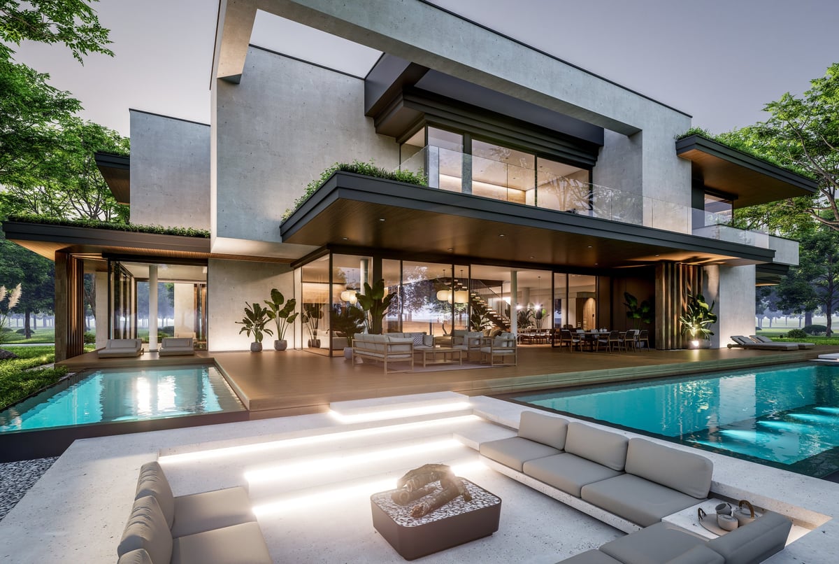Luxury two-story house with pool and beautiful landscaping
