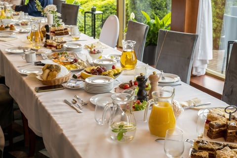 Long banquet table set for hotel event catering