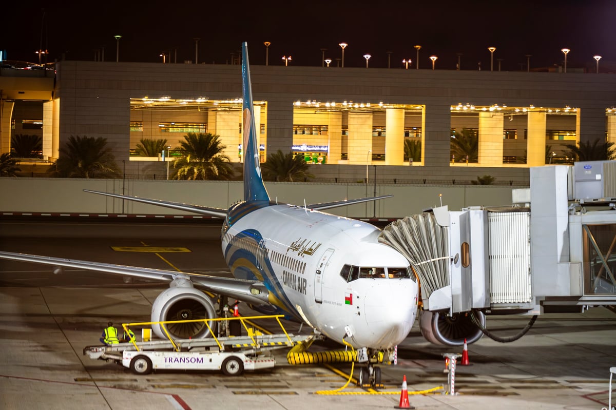 Muscat, Oman - November 24, 2025: Oman Air Aircraft Boarding at Gate via Jet Bridge on the Apron of Muscat International Airport (MCT) at Night