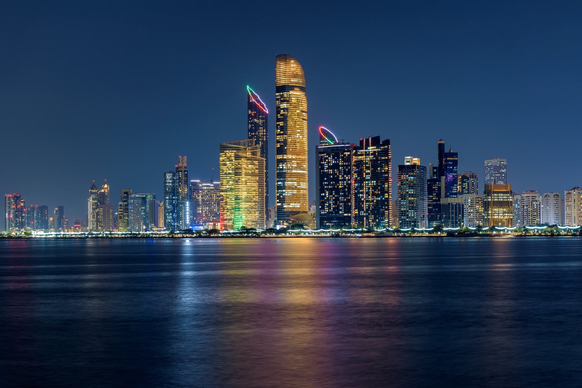 Dubai luxury waterfront skyline night lights