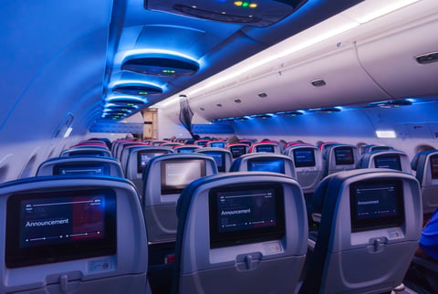 Interior view of an illuminated passenger cabin