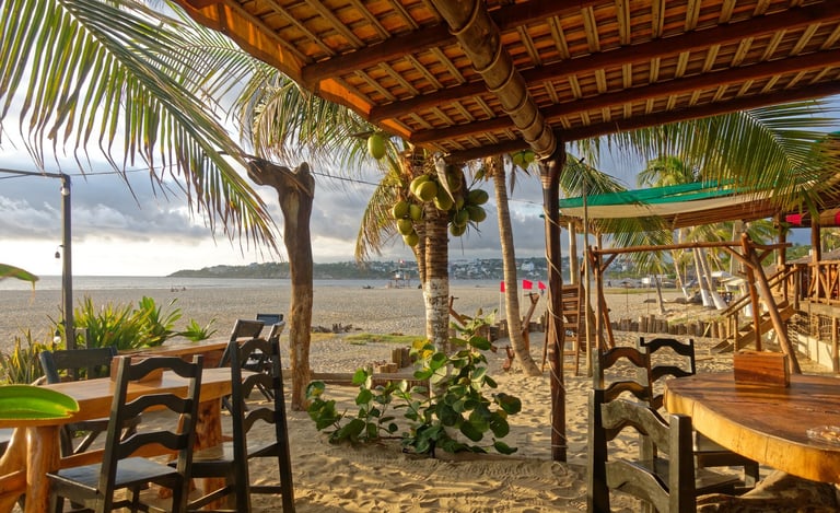 Beachfront restaurant overlooking palm trees and sea