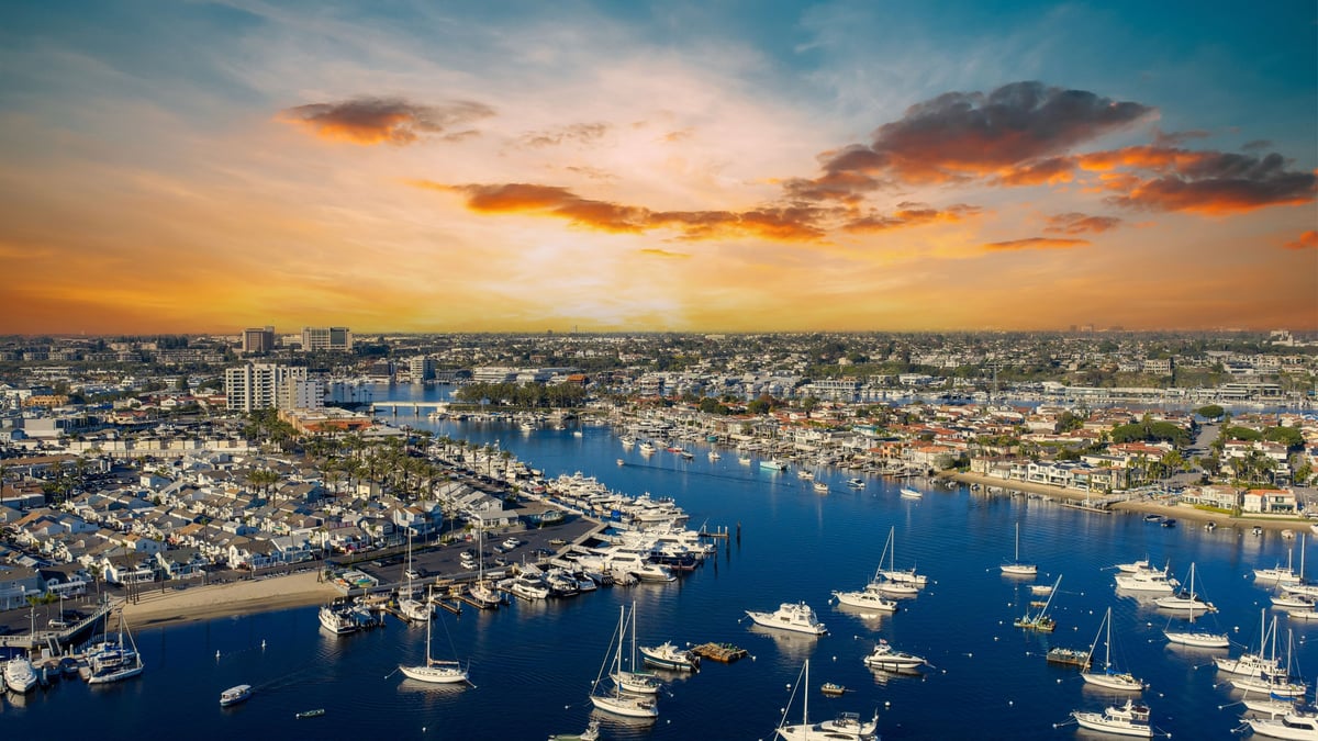 Aerial shot of boats and yachts in Newport Bay, California