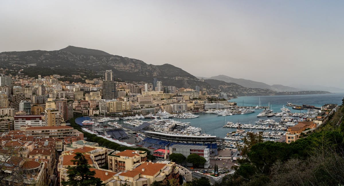 Aerial view of Monaco F1 circuit with pit lane and grandstands