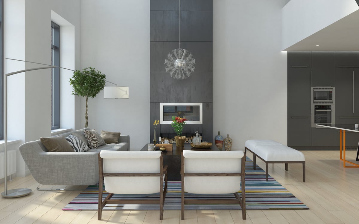 Photorealistic 3d render of a modern open-plan living room