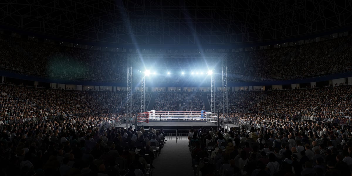Dramatic boxing arena with championship ring and crowd atmosphere