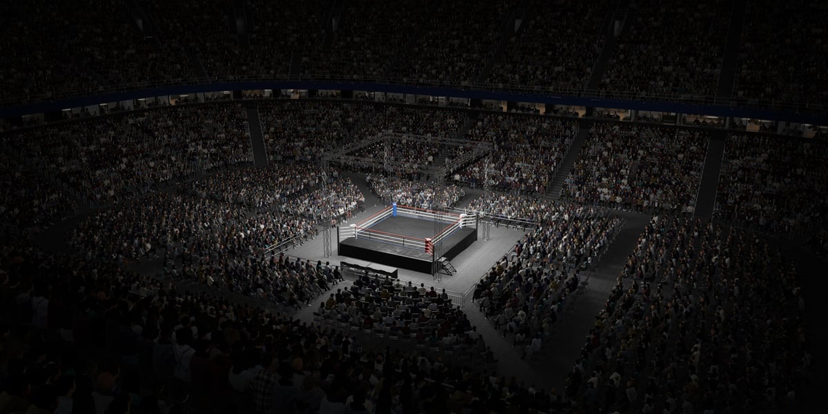 Dramatic wrestling arena with stadium crowd and spectacular lighting