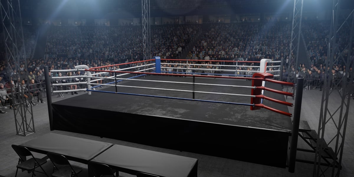 Dramatic boxing arena with championship ring and premium lighting