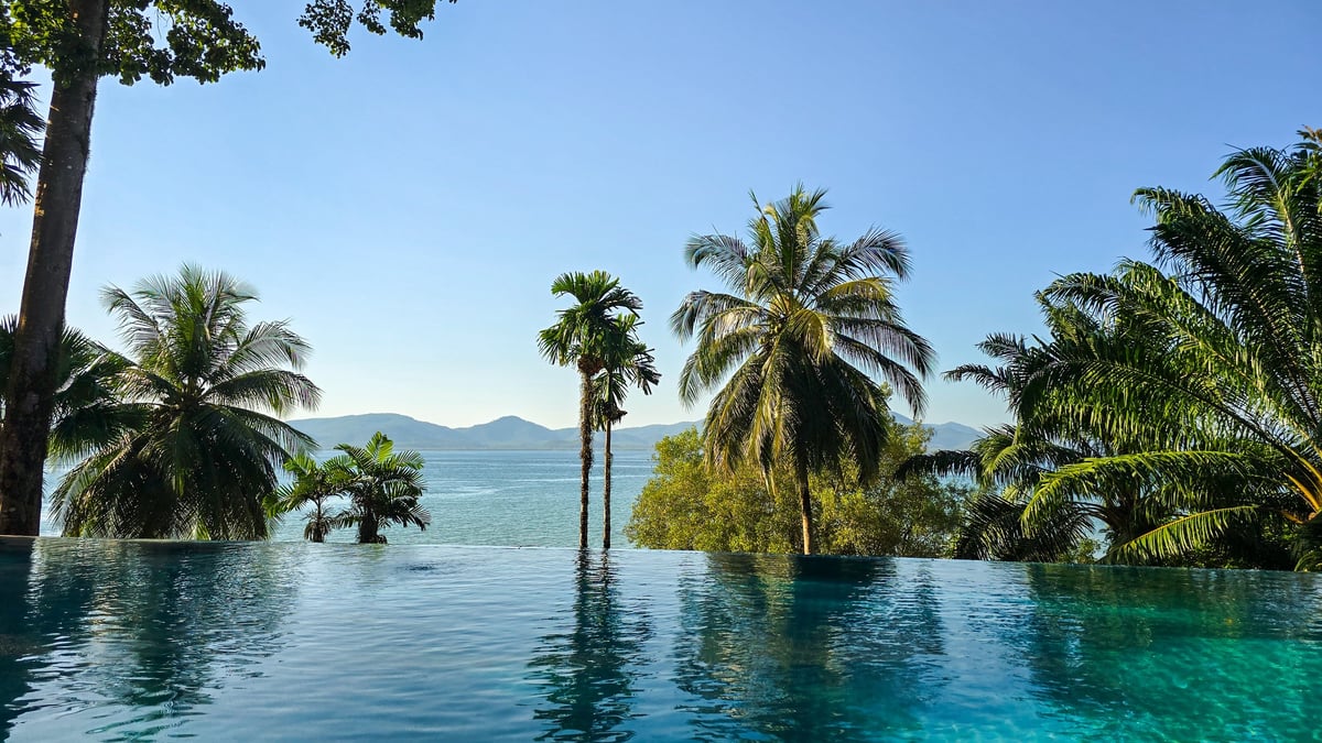 A stunning infinity pool blends seamlessly with turquoise waters surrounded by tropical palm trees