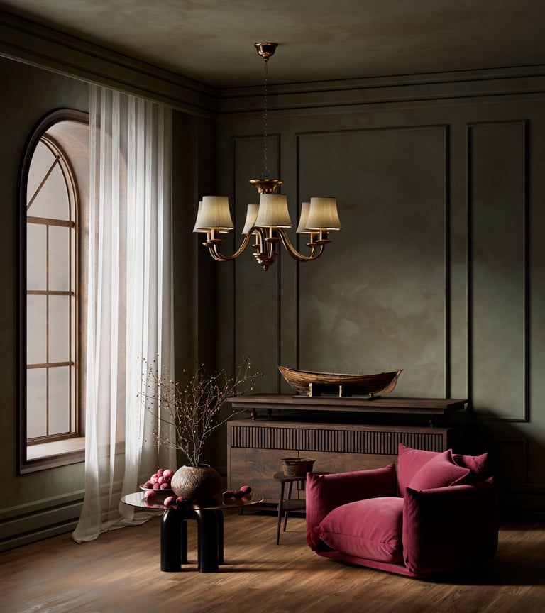 Cinematic dark moody living room with classic wall panels and warm chandelier light