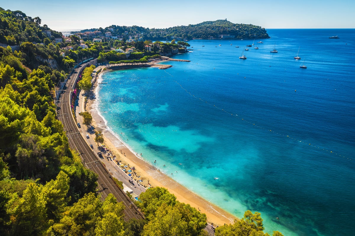 Stunning view from the viewpoint with clear azure blue beaches of Villefranche sur Mer, Provence, Cote d Azur, France, Europe
