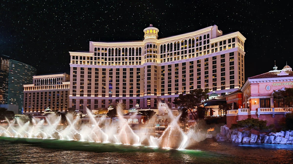 Magnificent night view of the iconic Bellagio Hotel and Casino with the world famous dancing fountains show