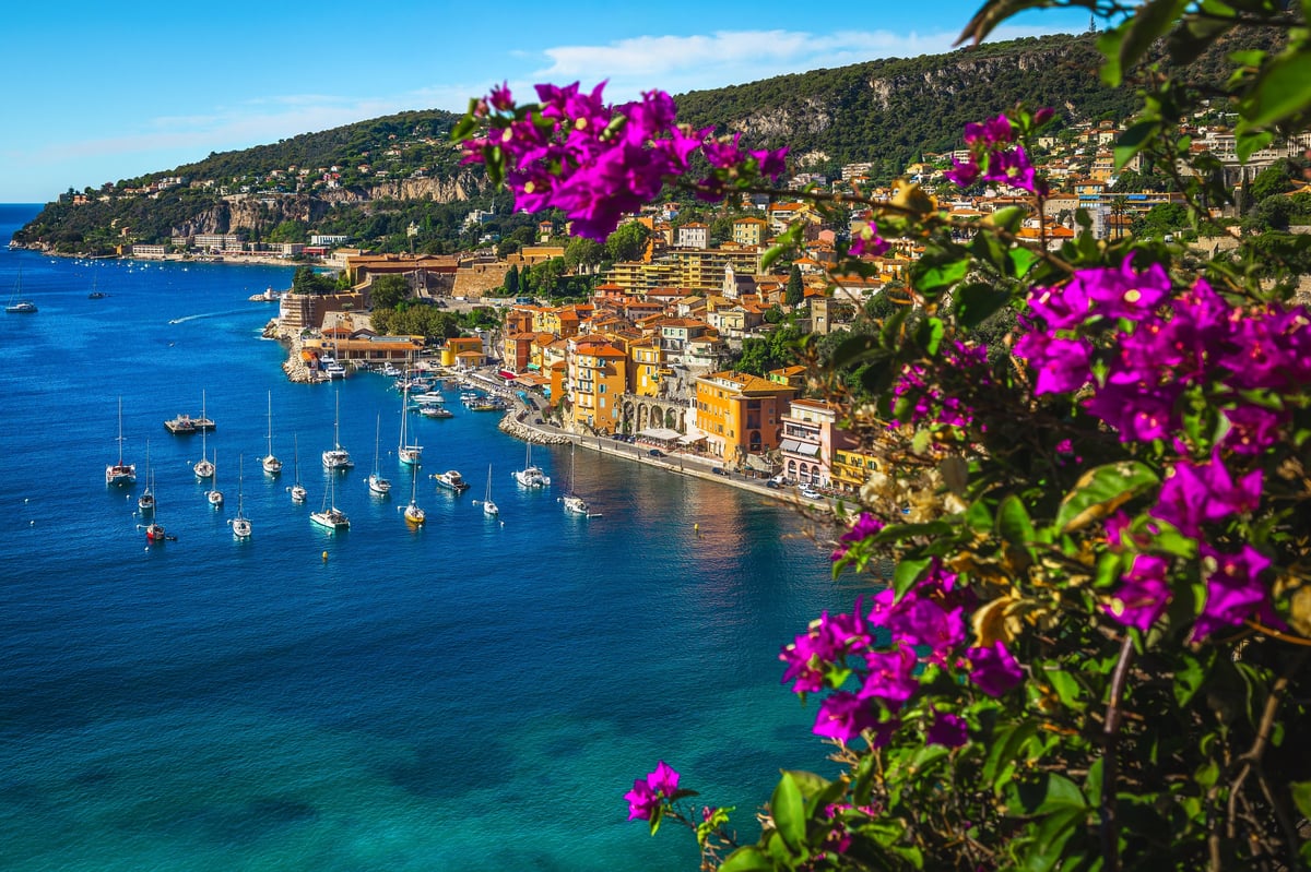 Picturesque view of the azure blue sea and a beautiful bay on the Côte d'Azur with luxury Mediterranean coastline