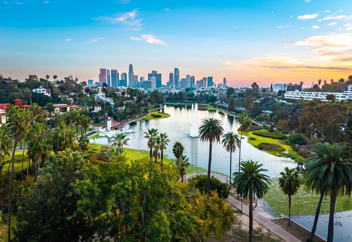 A breathtaking panoramic aerial view of Los Angeles skyline at sunset