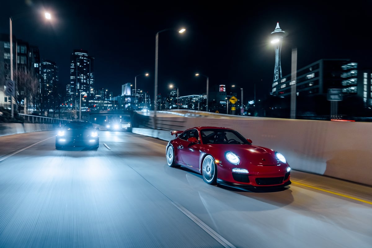 Seattle, WA, USA - Porsche GT3 and Porsche GT3 Touring driving on the street together