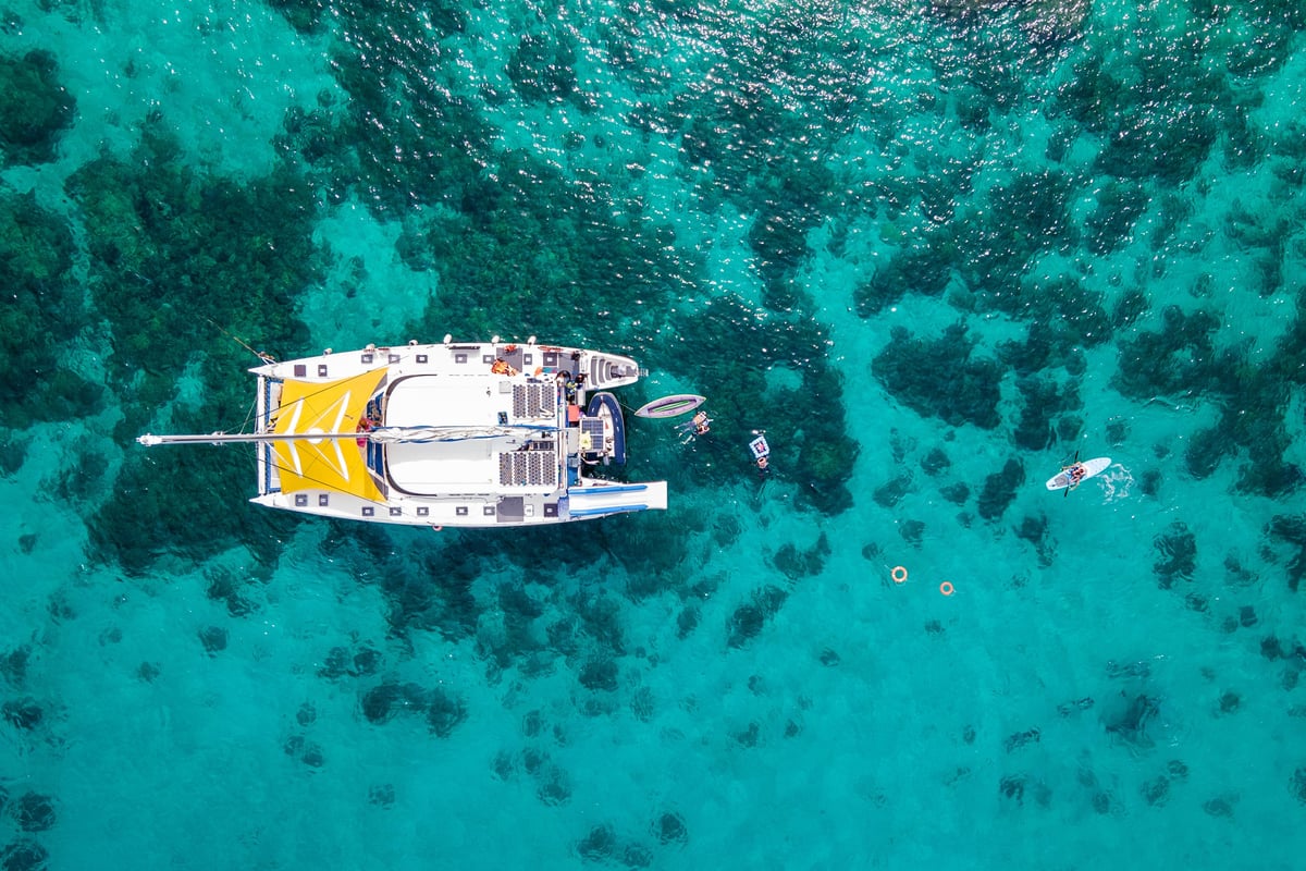 Aerial view of catamaran anchored over turquoise water with swimmers