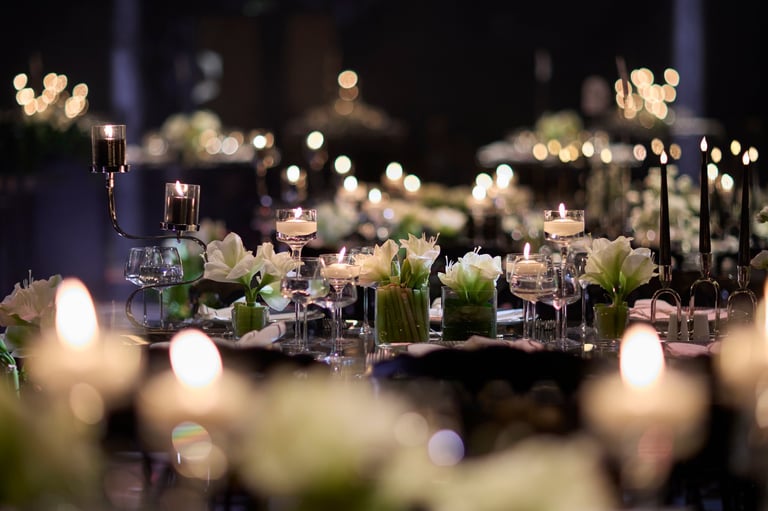 Luxury yacht interior with dining table set for celebration
