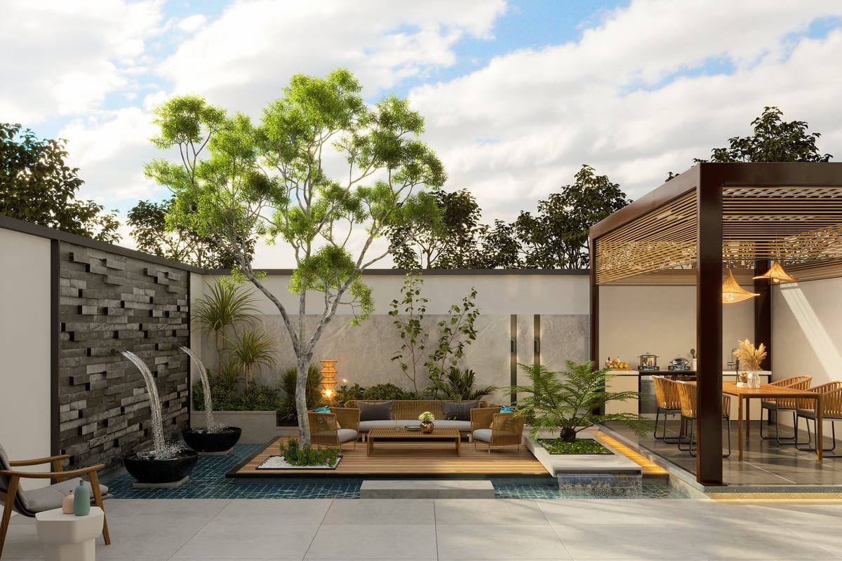 3d render of a modern beautiful home terrace with pool and wall mockup