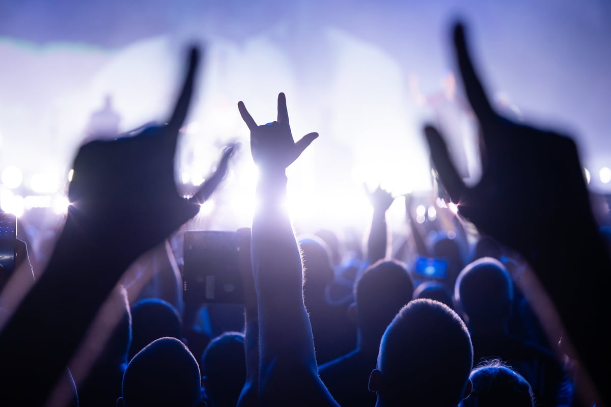 Fans passionately expressing the rock and roll hand gesture while enjoying the electrifying atmosphere of a concert