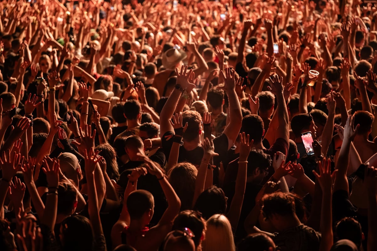 Fans raising hands and dancing joyfully at a vibrant live music concert, celebrating the energy and excitement of the performance