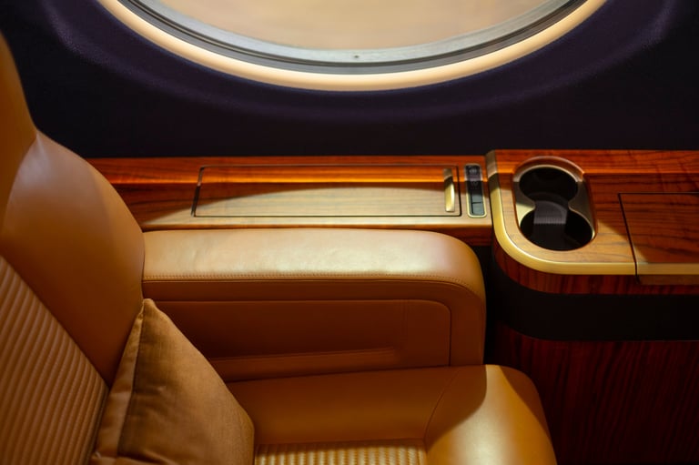 Opulent aircraft interior featuring leathertrimmed window console