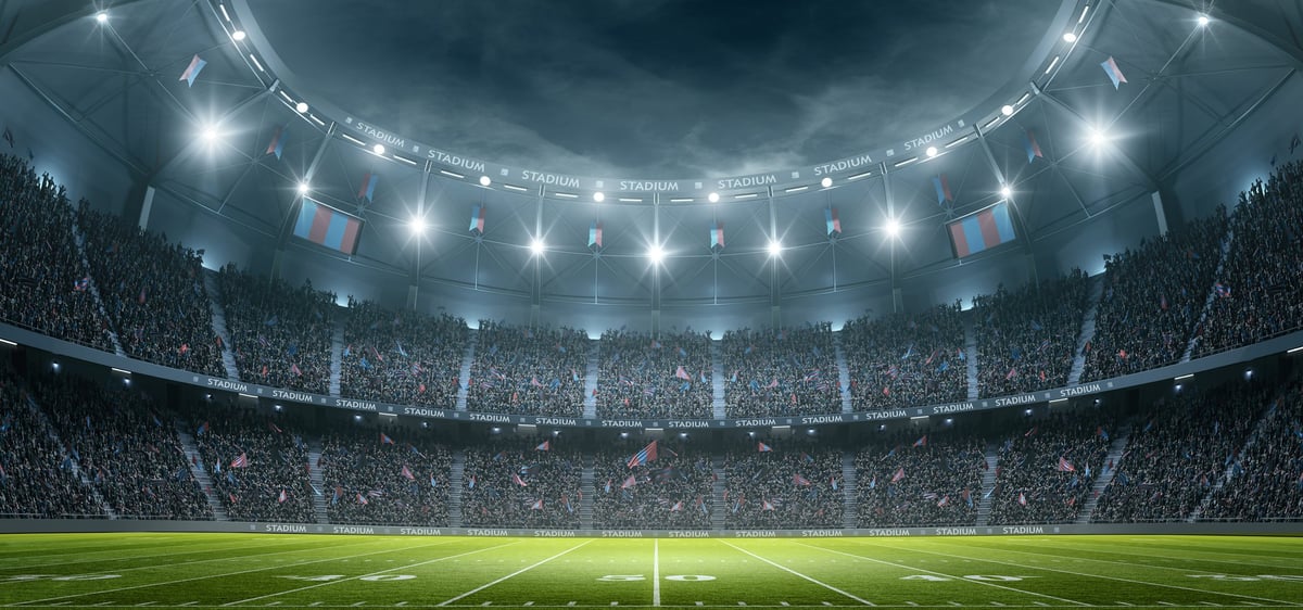 Imaginary American football stadium rendered with dramatic lighting and atmosphere