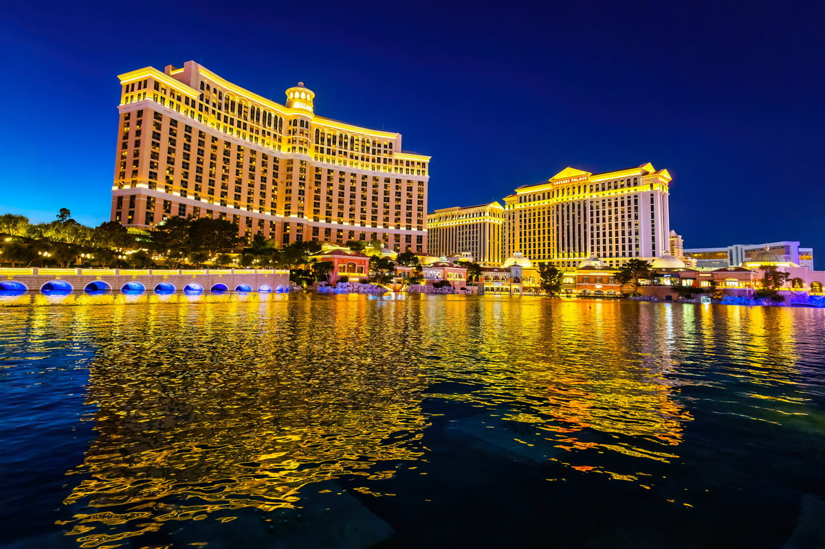 Panoramic view of Bellagio and Caesars Palace casinos from Fountains of Bellagio at night in Las Vegas